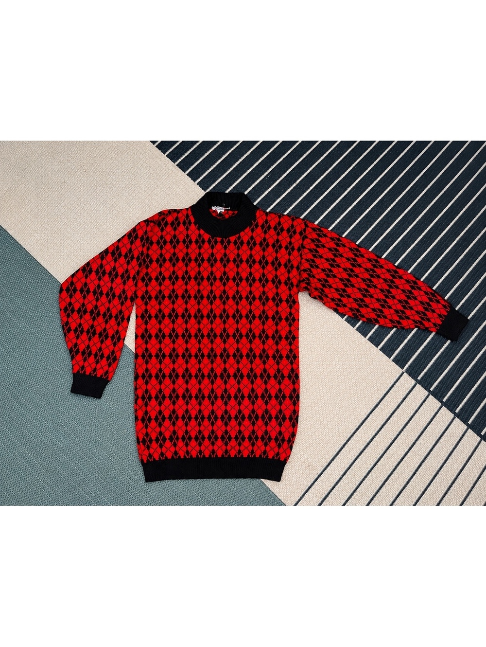 Vintage American Pride Sweater Small Red Black Argyle Knit Made in USA 80s 90s